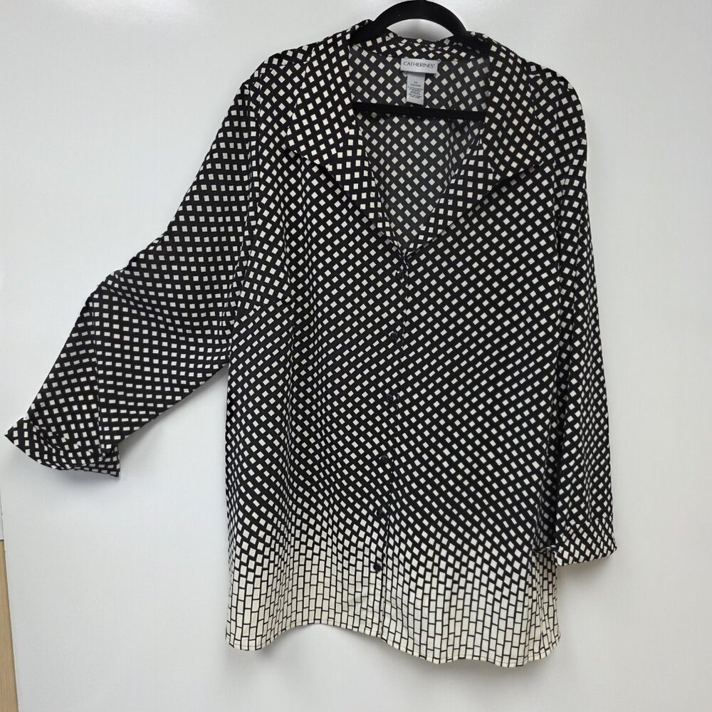 Catherines Shirt Womens 2X 22/24W Black Geometric Button Front Tunic Top Stretch